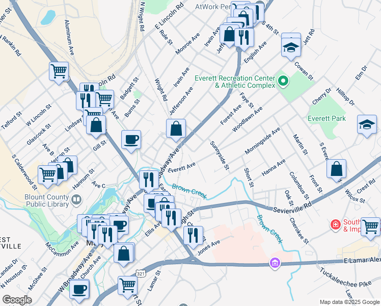 map of restaurants, bars, coffee shops, grocery stores, and more near 115 Marion Street in Maryville