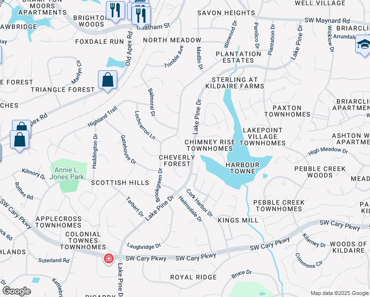 map of restaurants, bars, coffee shops, grocery stores, and more near 102 Cambrian Way in Cary
