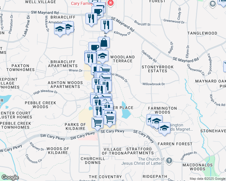 map of restaurants, bars, coffee shops, grocery stores, and more near 121 New Kent Place in Cary