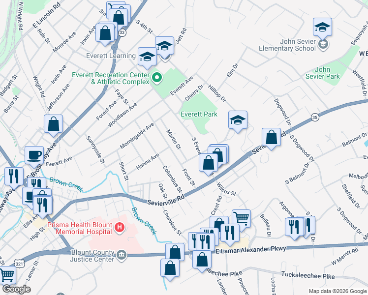map of restaurants, bars, coffee shops, grocery stores, and more near 712 Martin Street in Maryville