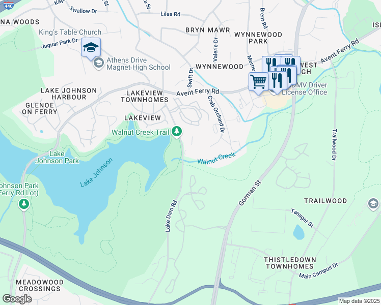 map of restaurants, bars, coffee shops, grocery stores, and more near 1220 University Court in Raleigh