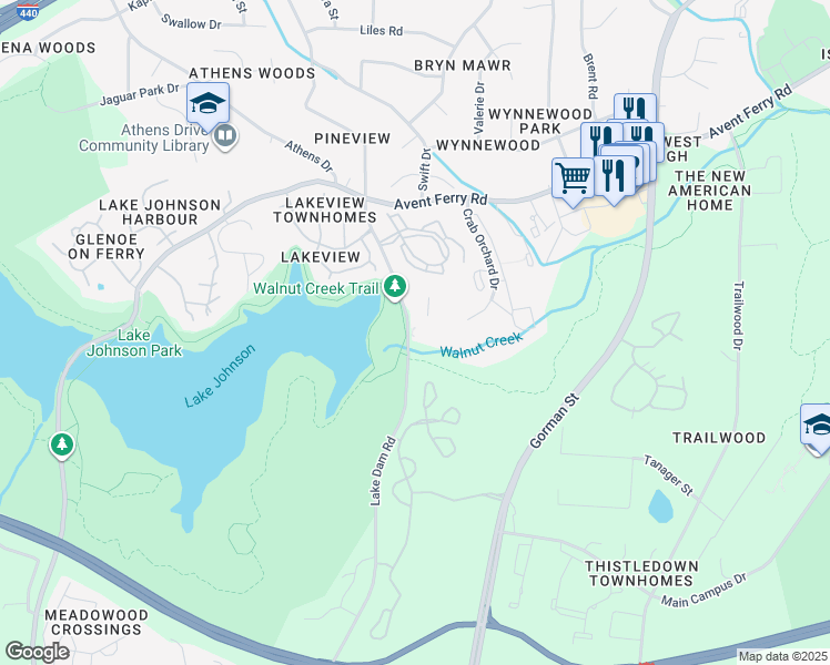 map of restaurants, bars, coffee shops, grocery stores, and more near 1220 University Court in Raleigh