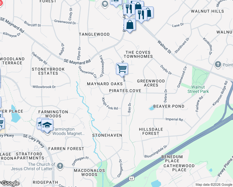 map of restaurants, bars, coffee shops, grocery stores, and more near 1214 Kenbridge Lane in Cary