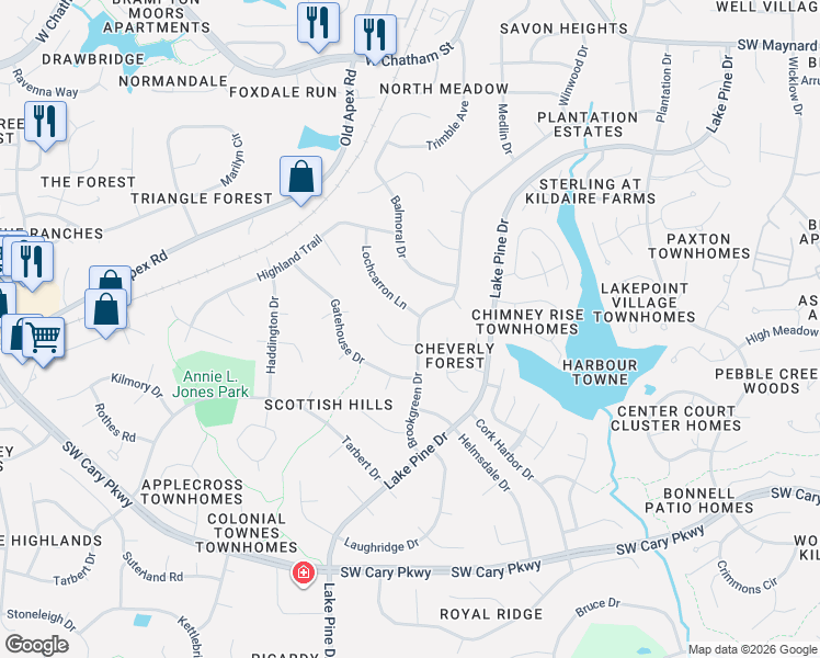 map of restaurants, bars, coffee shops, grocery stores, and more near 1226 Lochcarron Lane in Cary