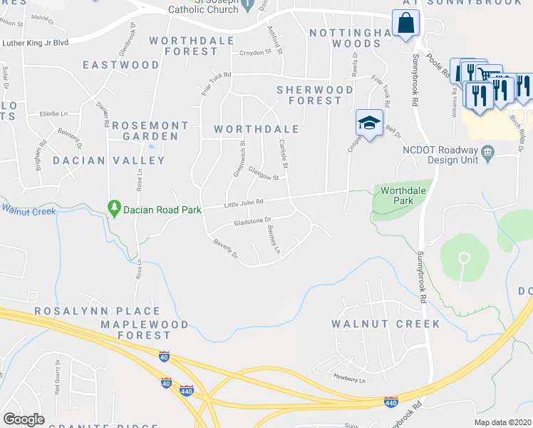 map of restaurants, bars, coffee shops, grocery stores, and more near 2913 Gladstone Drive in Raleigh