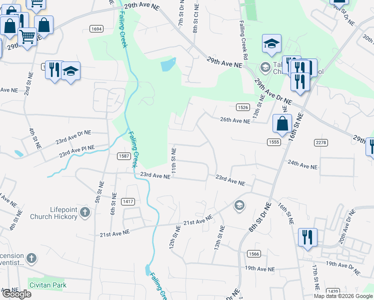 map of restaurants, bars, coffee shops, grocery stores, and more near 1121 24th Avenue Place Northeast in Hickory
