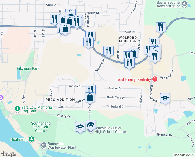 map of restaurants, bars, coffee shops, grocery stores, and more near 1355 Dogwood Drive in Batesville