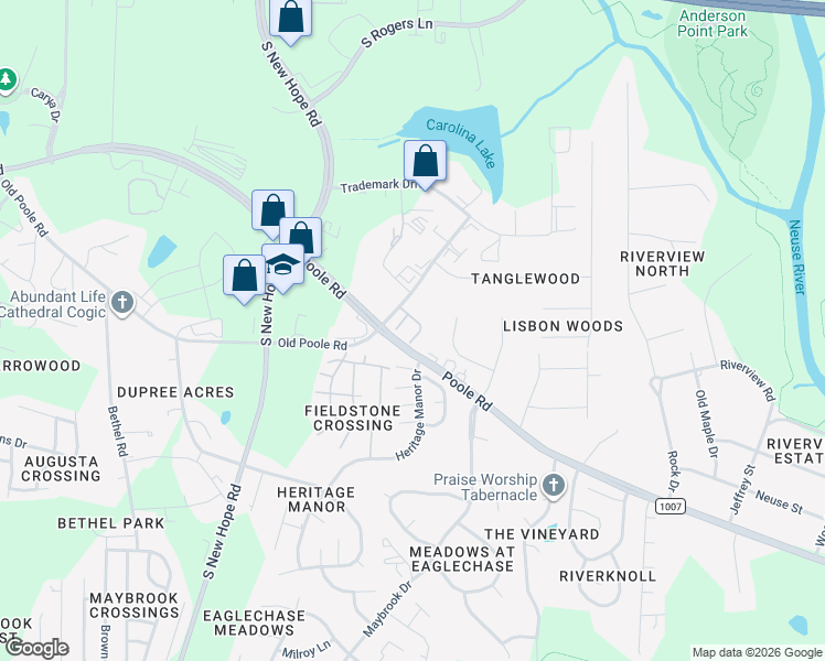 map of restaurants, bars, coffee shops, grocery stores, and more near 5213 Tanglewood Creek Court in Raleigh