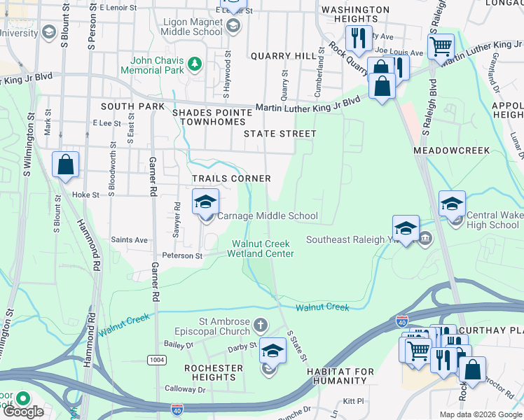 map of restaurants, bars, coffee shops, grocery stores, and more near 1304 South State Street in Raleigh