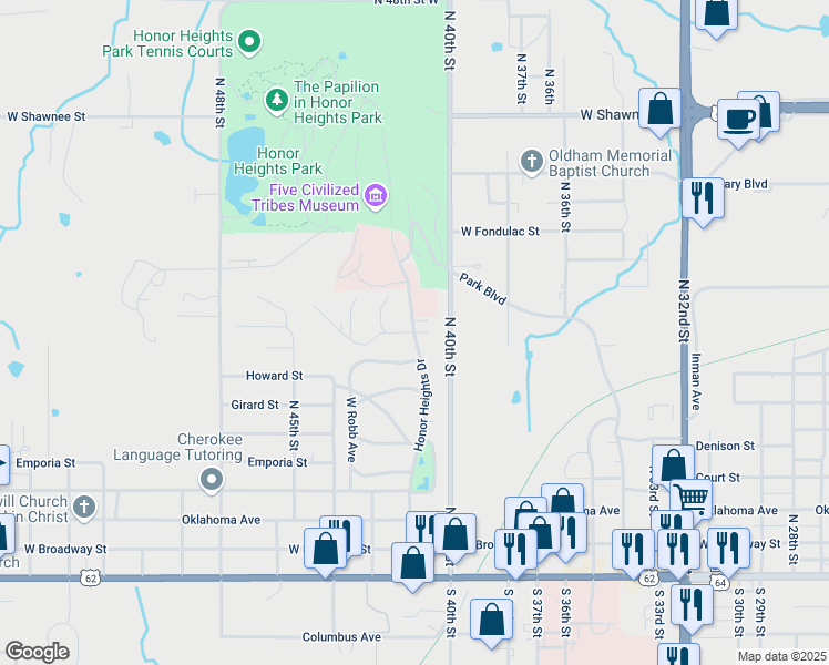 map of restaurants, bars, coffee shops, grocery stores, and more near Honor Heights Drive in Muskogee