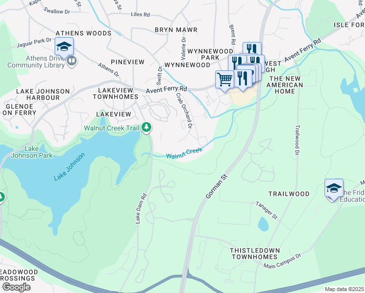 map of restaurants, bars, coffee shops, grocery stores, and more near 1411 Collegiate Circle in Raleigh