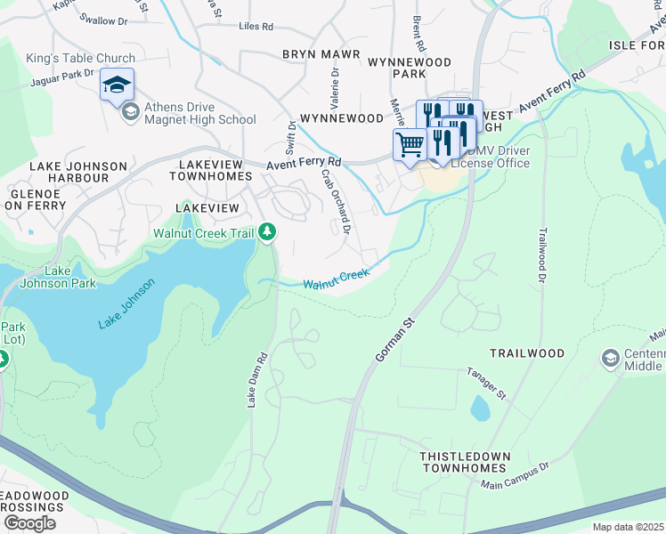 map of restaurants, bars, coffee shops, grocery stores, and more near 1401 Collegiate Circle in Raleigh