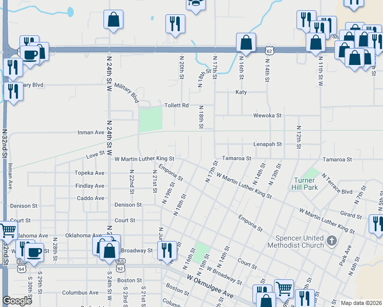 map of restaurants, bars, coffee shops, grocery stores, and more near 821 North 18th Street in Muskogee