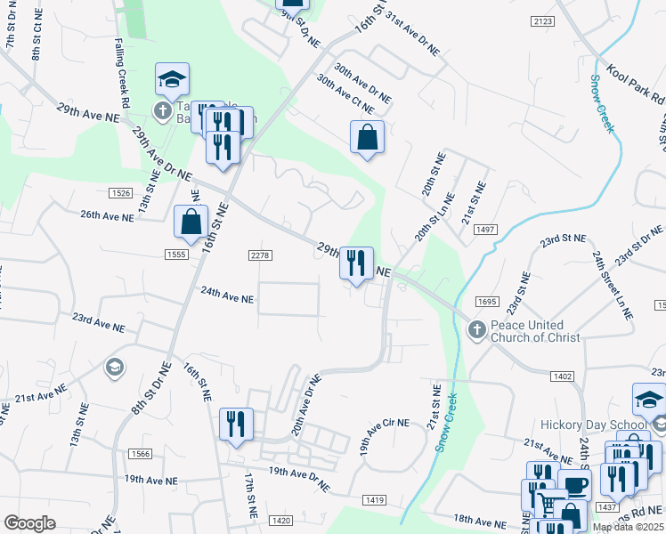 map of restaurants, bars, coffee shops, grocery stores, and more near 1810 29th Avenue Drive Northeast in Hickory