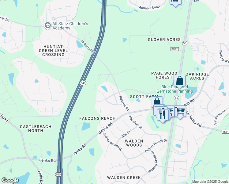 map of restaurants, bars, coffee shops, grocery stores, and more near 459 Clark Creek Lane in Cary