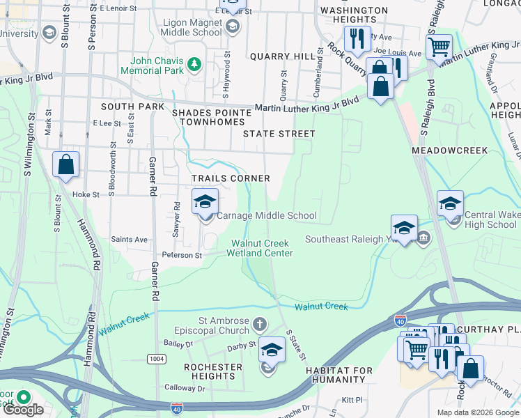 map of restaurants, bars, coffee shops, grocery stores, and more near 1304 South State Street in Raleigh