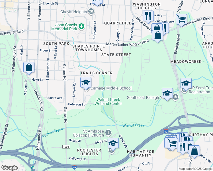 map of restaurants, bars, coffee shops, grocery stores, and more near 1304 South State Street in Raleigh