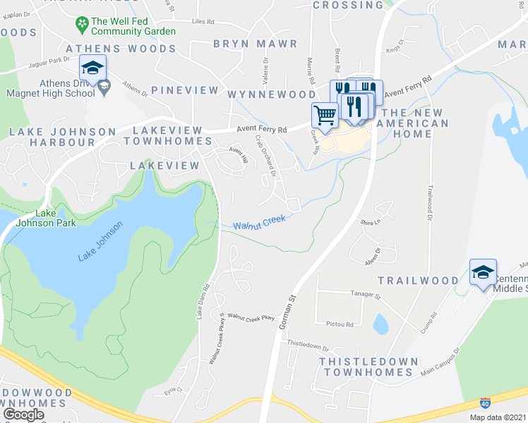 map of restaurants, bars, coffee shops, grocery stores, and more near 1411 Collegiate Circle in Raleigh