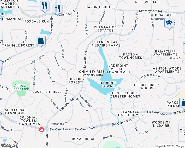 map of restaurants, bars, coffee shops, grocery stores, and more near 218 Chimney Rise Drive in Cary