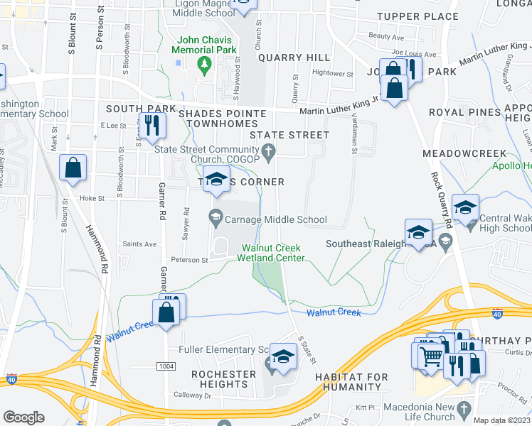 map of restaurants, bars, coffee shops, grocery stores, and more near 1304 South State Street in Raleigh