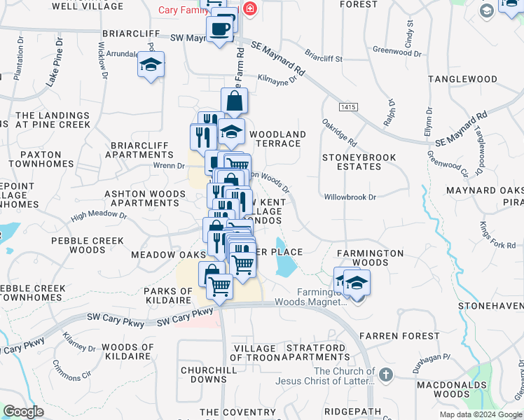map of restaurants, bars, coffee shops, grocery stores, and more near 522 New Kent Place in Cary