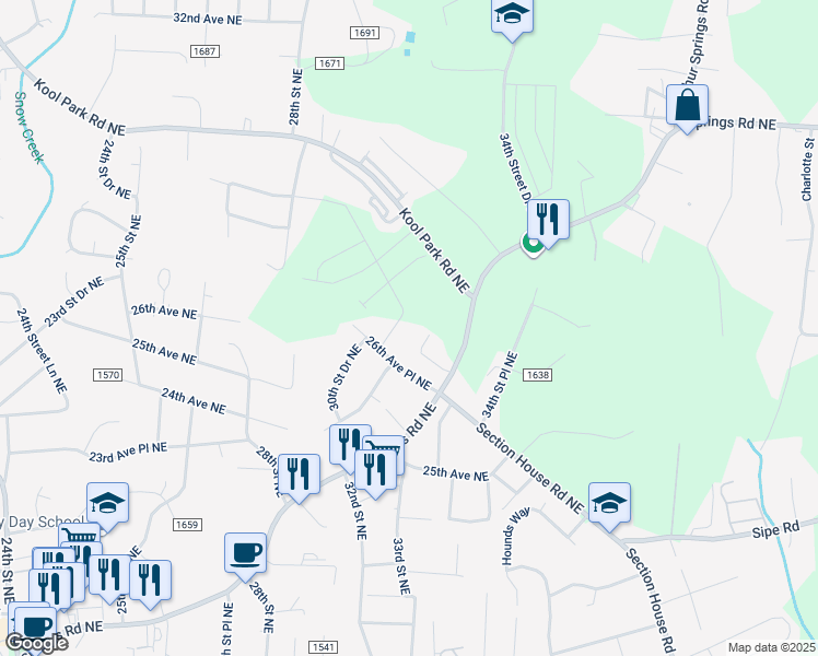 map of restaurants, bars, coffee shops, grocery stores, and more near 2660 31st Street Court Northeast in Hickory