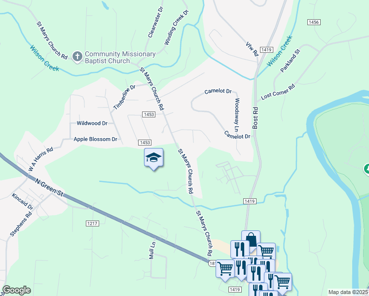 map of restaurants, bars, coffee shops, grocery stores, and more near 162 Saint Marys Church Road in Morganton