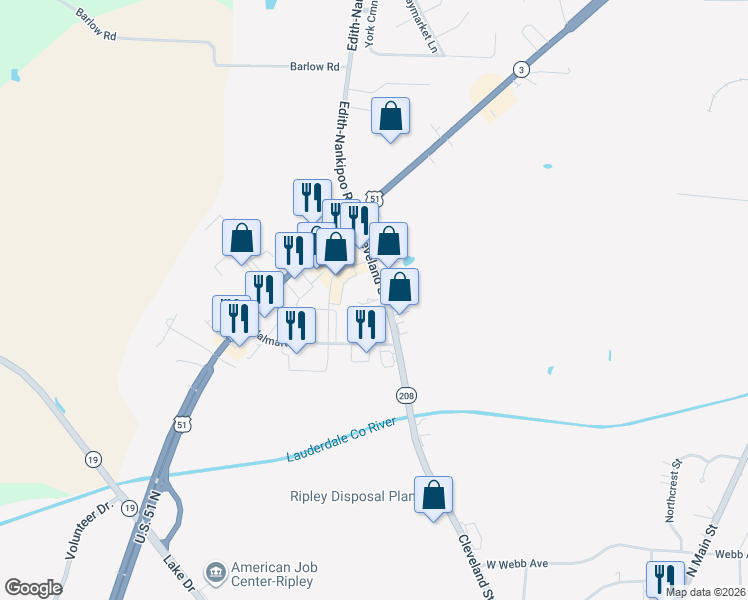 map of restaurants, bars, coffee shops, grocery stores, and more near 329 Cleveland Street in Ripley
