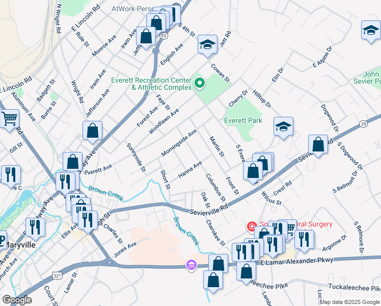 map of restaurants, bars, coffee shops, grocery stores, and more near 611 Columbus Street in Maryville