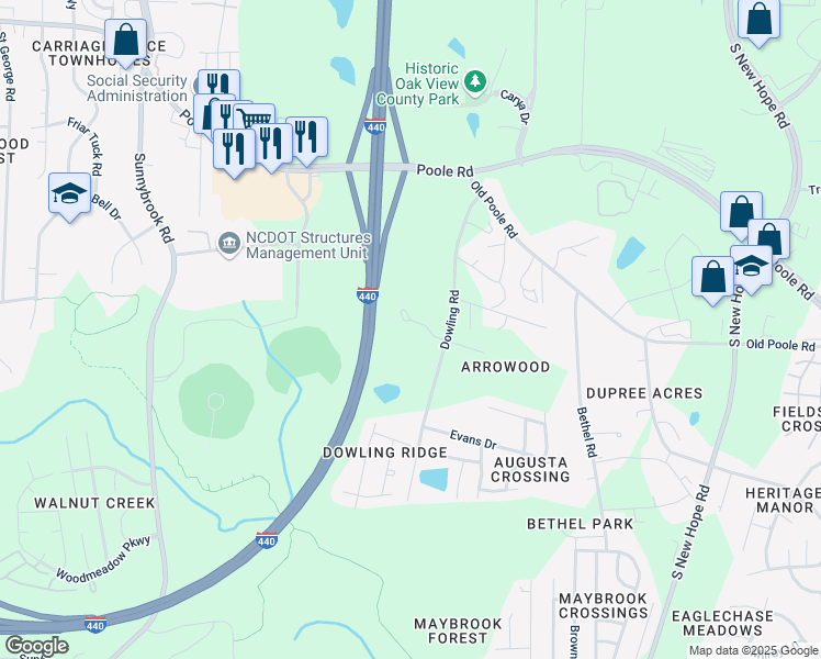map of restaurants, bars, coffee shops, grocery stores, and more near 3910 Dowling Haven PIace in Raleigh