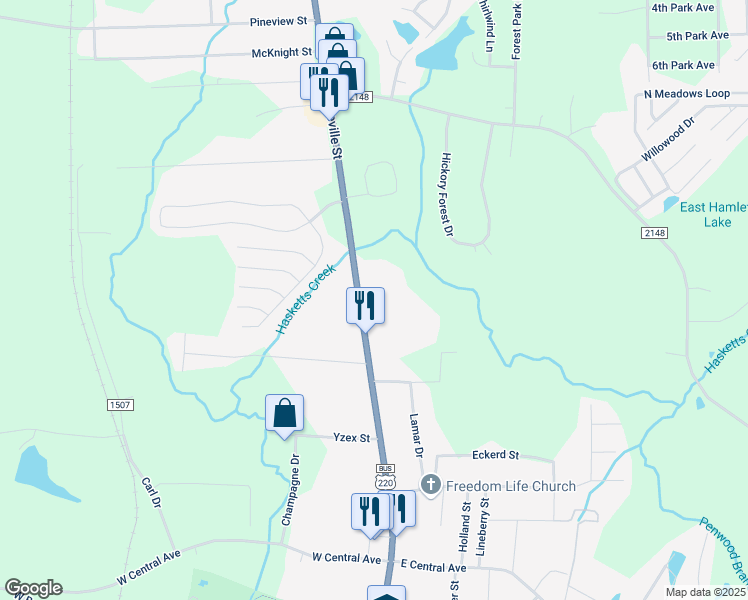 map of restaurants, bars, coffee shops, grocery stores, and more near 2220 North Fayetteville Street in Asheboro