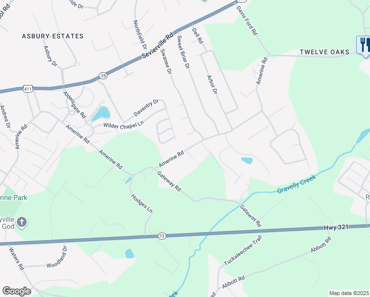 map of restaurants, bars, coffee shops, grocery stores, and more near 1225 Amerine Road in Maryville