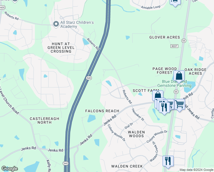 map of restaurants, bars, coffee shops, grocery stores, and more near 467 Autumn Rain Street in Apex
