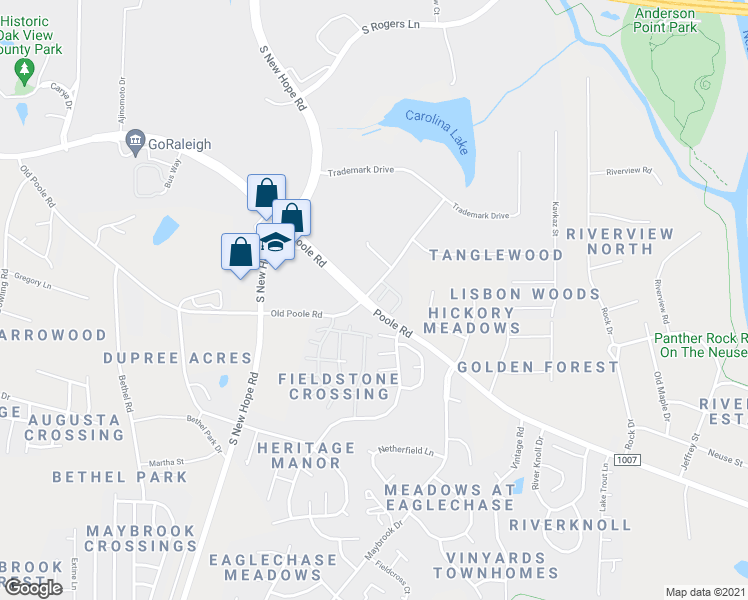 map of restaurants, bars, coffee shops, grocery stores, and more near 5201 Tanglewood Creek Court in Raleigh