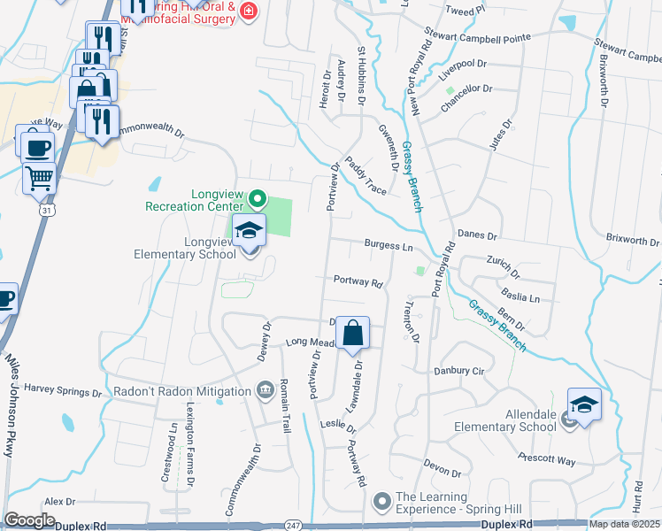 map of restaurants, bars, coffee shops, grocery stores, and more near 4004 Pennick Court in Spring Hill