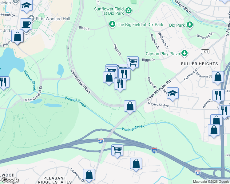 map of restaurants, bars, coffee shops, grocery stores, and more near Farmers Market Drive in Raleigh