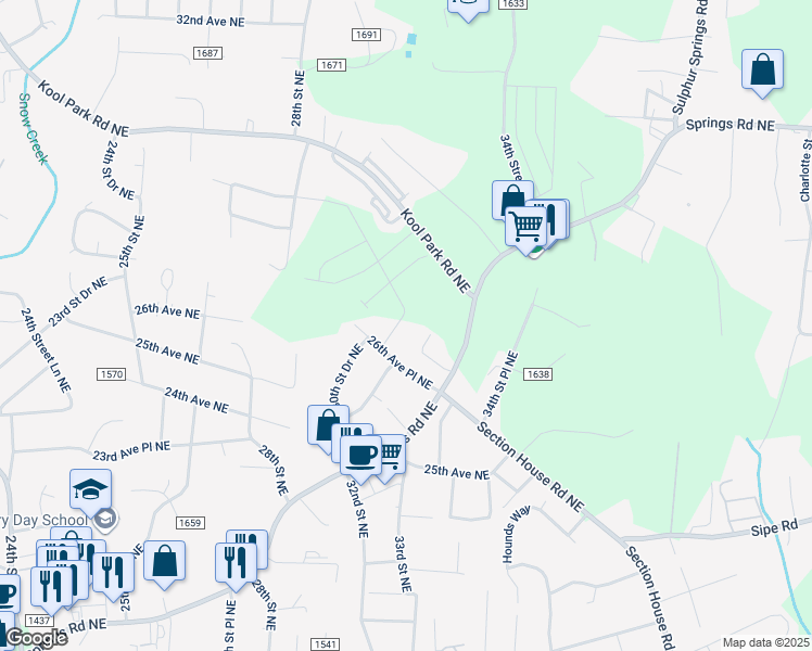 map of restaurants, bars, coffee shops, grocery stores, and more near 2660 31st Street Court Northeast in Hickory
