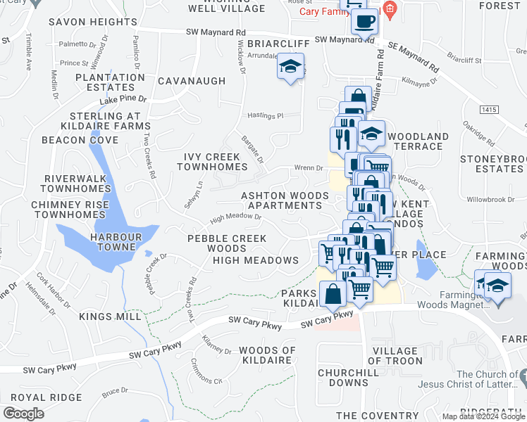 map of restaurants, bars, coffee shops, grocery stores, and more near 305 Dahlia Place in Cary
