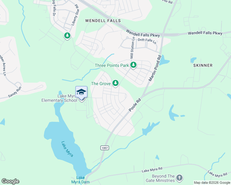 map of restaurants, bars, coffee shops, grocery stores, and more near Mallard Trace Drive in Wendell