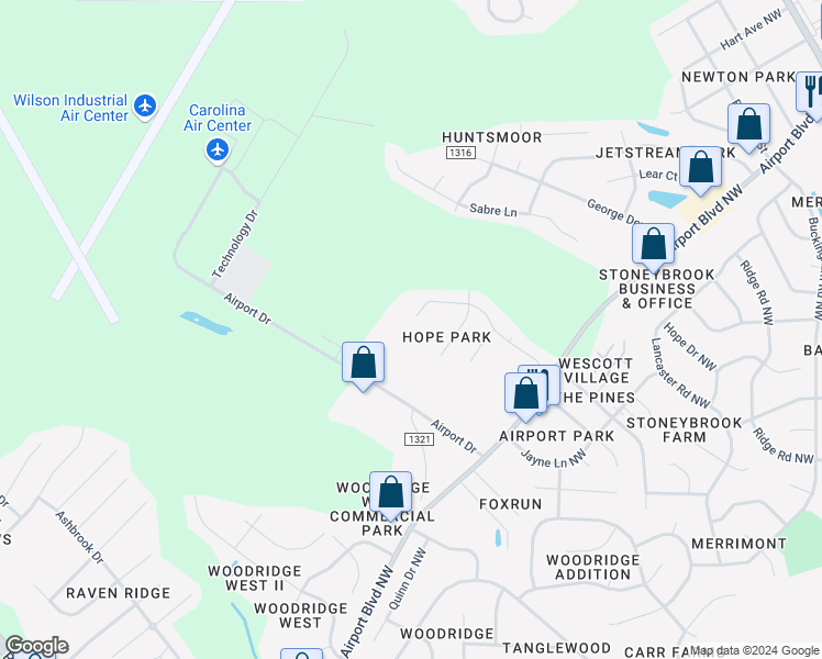 map of restaurants, bars, coffee shops, grocery stores, and more near 3818 Chase Road Northwest in Wilson