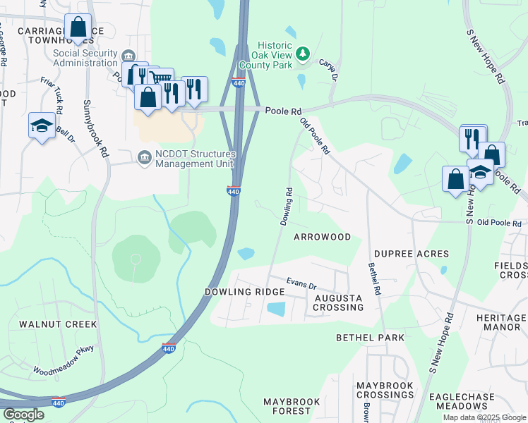 map of restaurants, bars, coffee shops, grocery stores, and more near 3910 Dowling Haven PIace in Raleigh