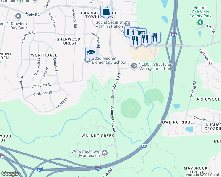 map of restaurants, bars, coffee shops, grocery stores, and more near 816 Sunnybrook Road in Raleigh