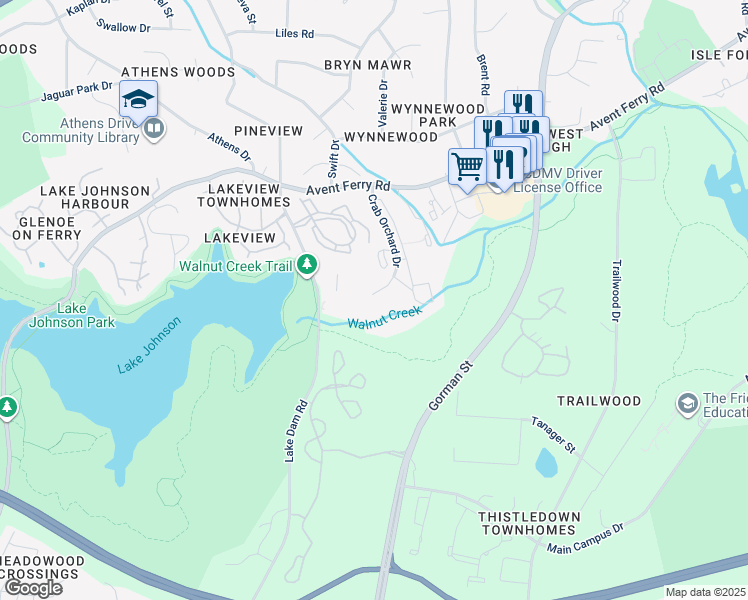 map of restaurants, bars, coffee shops, grocery stores, and more near 1221 University Court in Raleigh