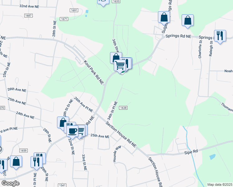 map of restaurants, bars, coffee shops, grocery stores, and more near 2750 34th Street Place Northeast in Hickory