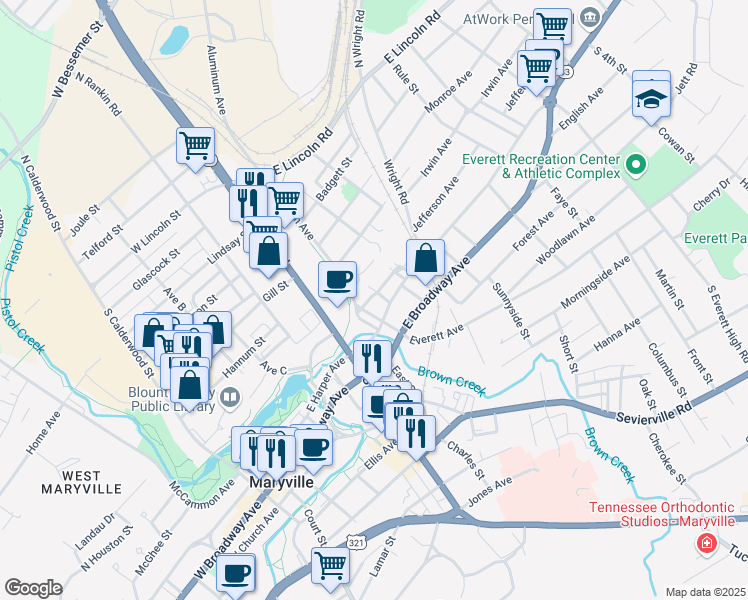 map of restaurants, bars, coffee shops, grocery stores, and more near 903 Hotel Avenue in Maryville
