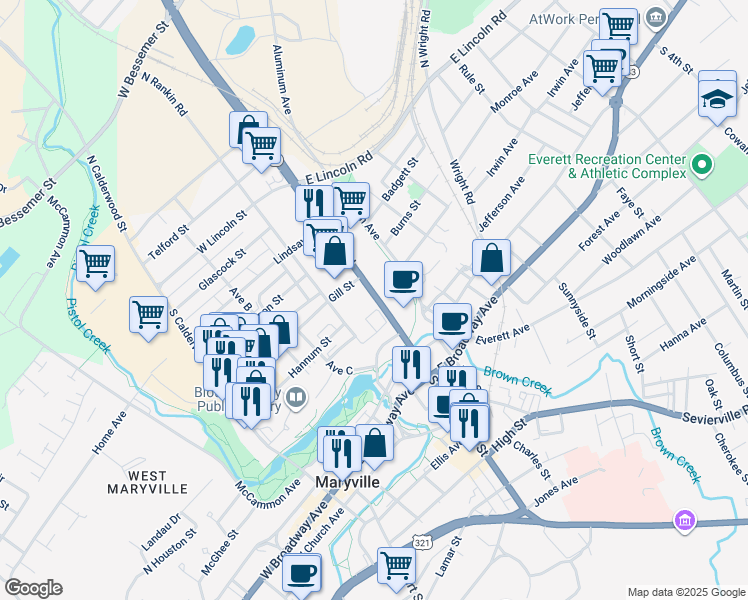 map of restaurants, bars, coffee shops, grocery stores, and more near 107 Gill Street in Alcoa