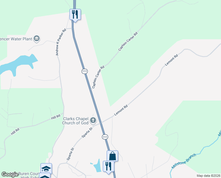 map of restaurants, bars, coffee shops, grocery stores, and more near 228 Captain Carter Road in Spencer