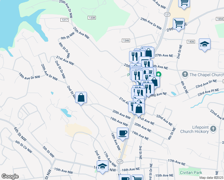 map of restaurants, bars, coffee shops, grocery stores, and more near 146 21st Avenue Northwest in Hickory