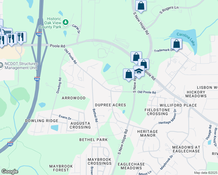 map of restaurants, bars, coffee shops, grocery stores, and more near 1070 Holly View Loop in Raleigh