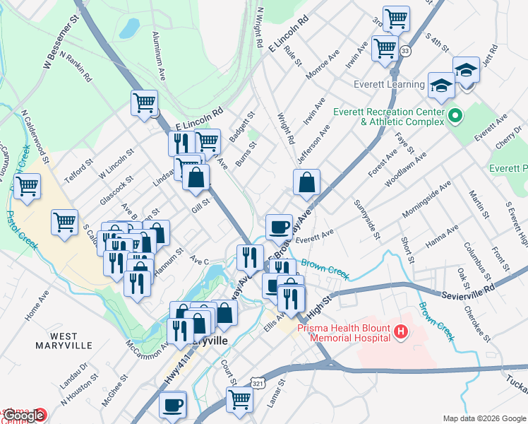 map of restaurants, bars, coffee shops, grocery stores, and more near 903 Hotel Avenue in Maryville